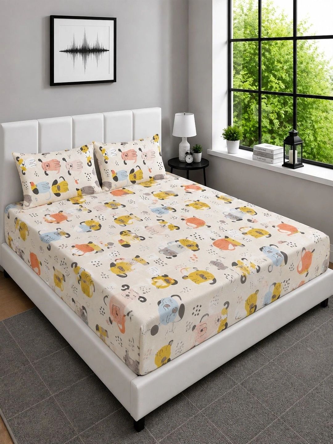 Moda Rapido X KLOTTHE Cream-Coloured Cartoon Characters 300 TC King Bedsheet with 2 Pillow Covers