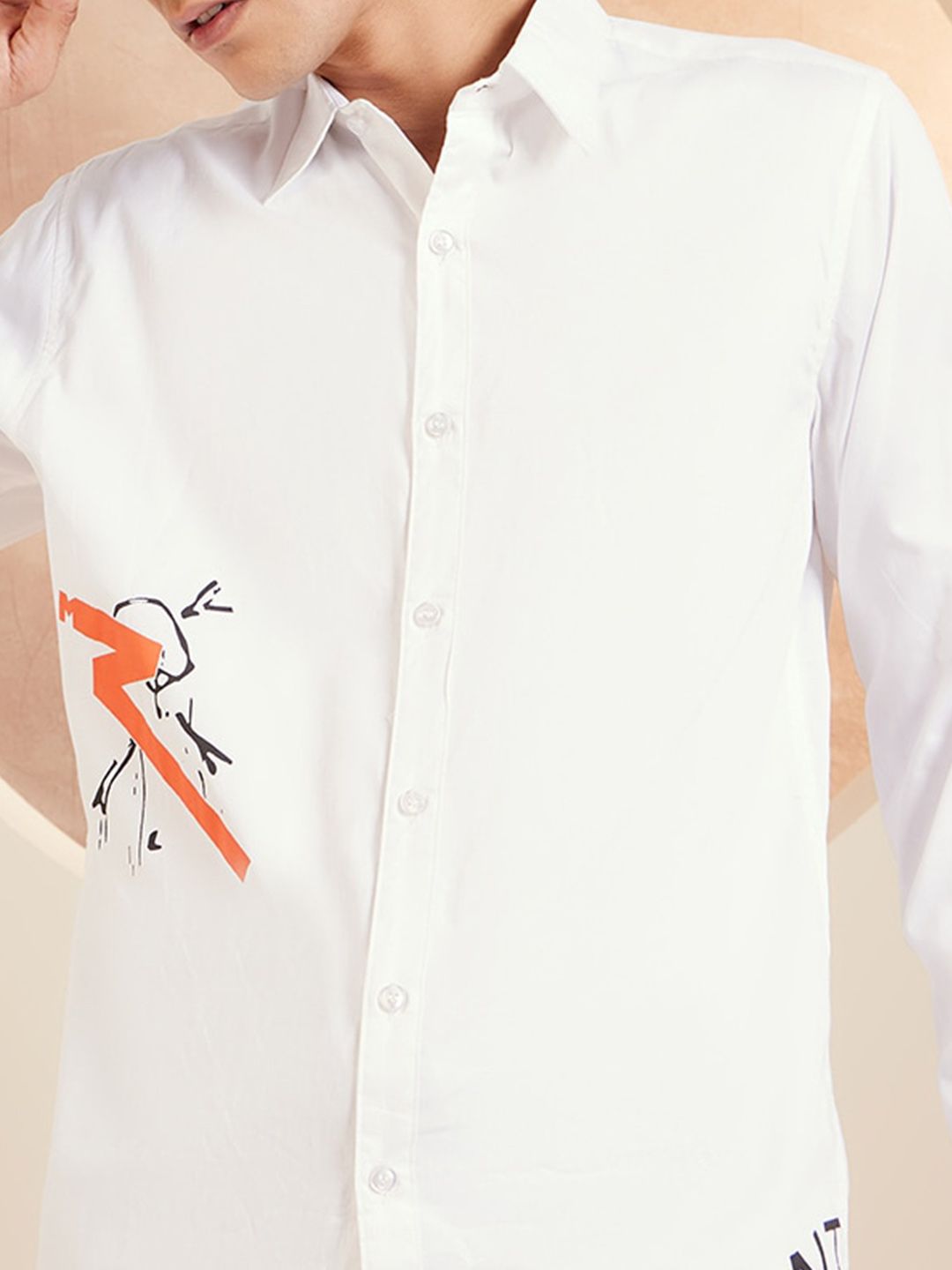 DENNISON Smart Typography Printed Spread Collar Long Sleeve Cotton Shirt