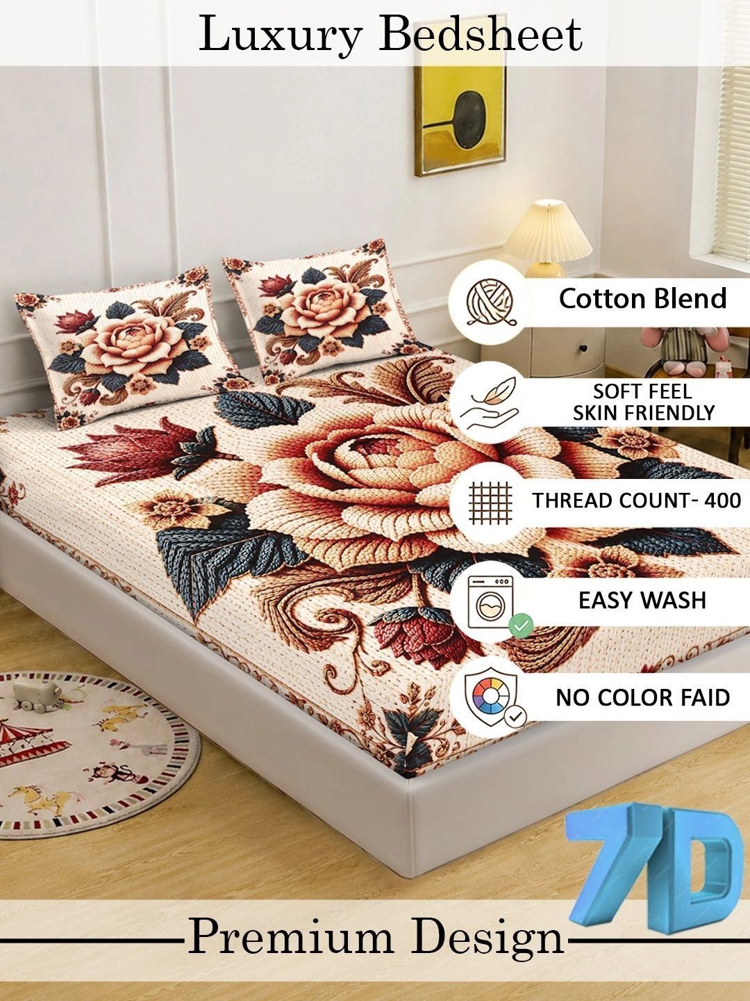 KLOTTHE Brown & Red Floral 400 TC King Bedsheet with 2 Pillow Covers