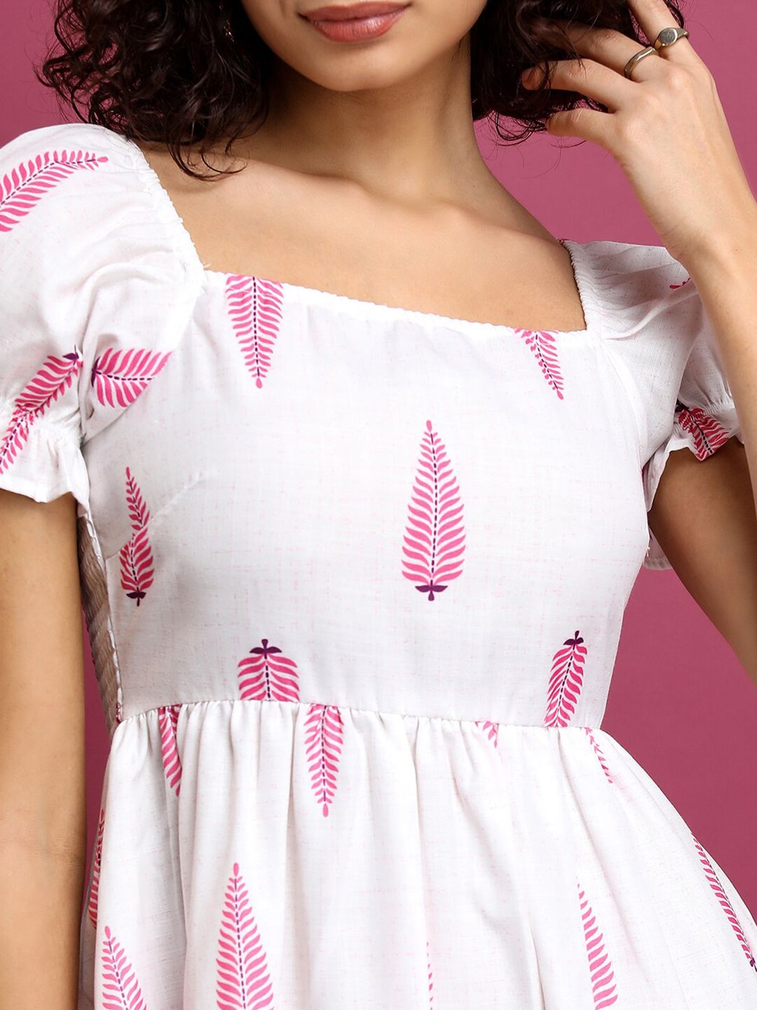 Vishudh White Ethnic Motif Printed PuffSleeve Fit & Flare Dress