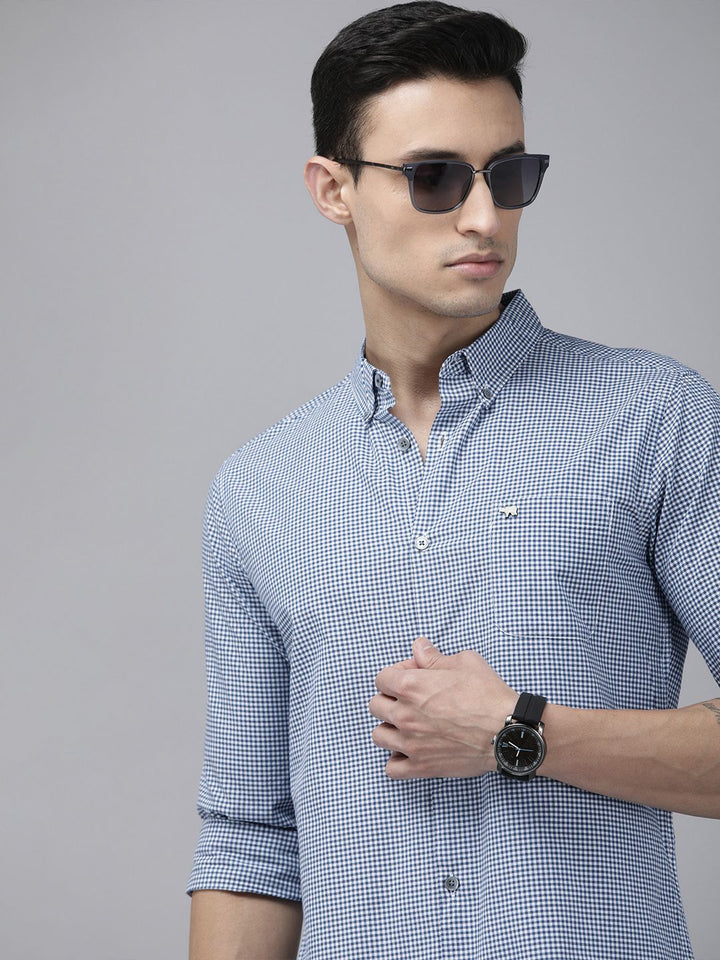 THE BEAR HOUSE Men Blue Pure Cotton Slim Fit Micro Checked Casual Shirt