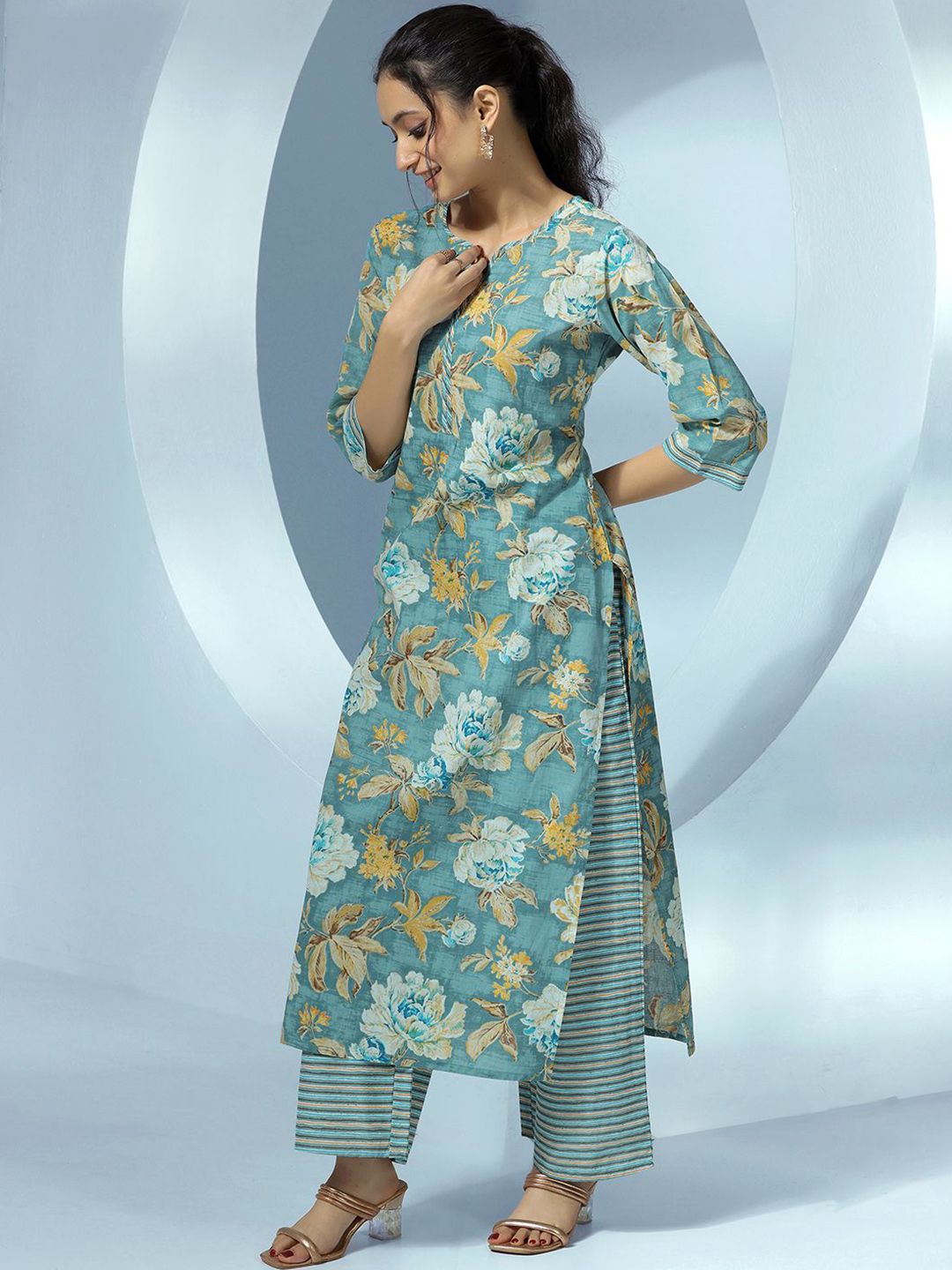 Libas Women Floral Printed Regular Pure Cotton Kurta with Palazzos & With Dupatta