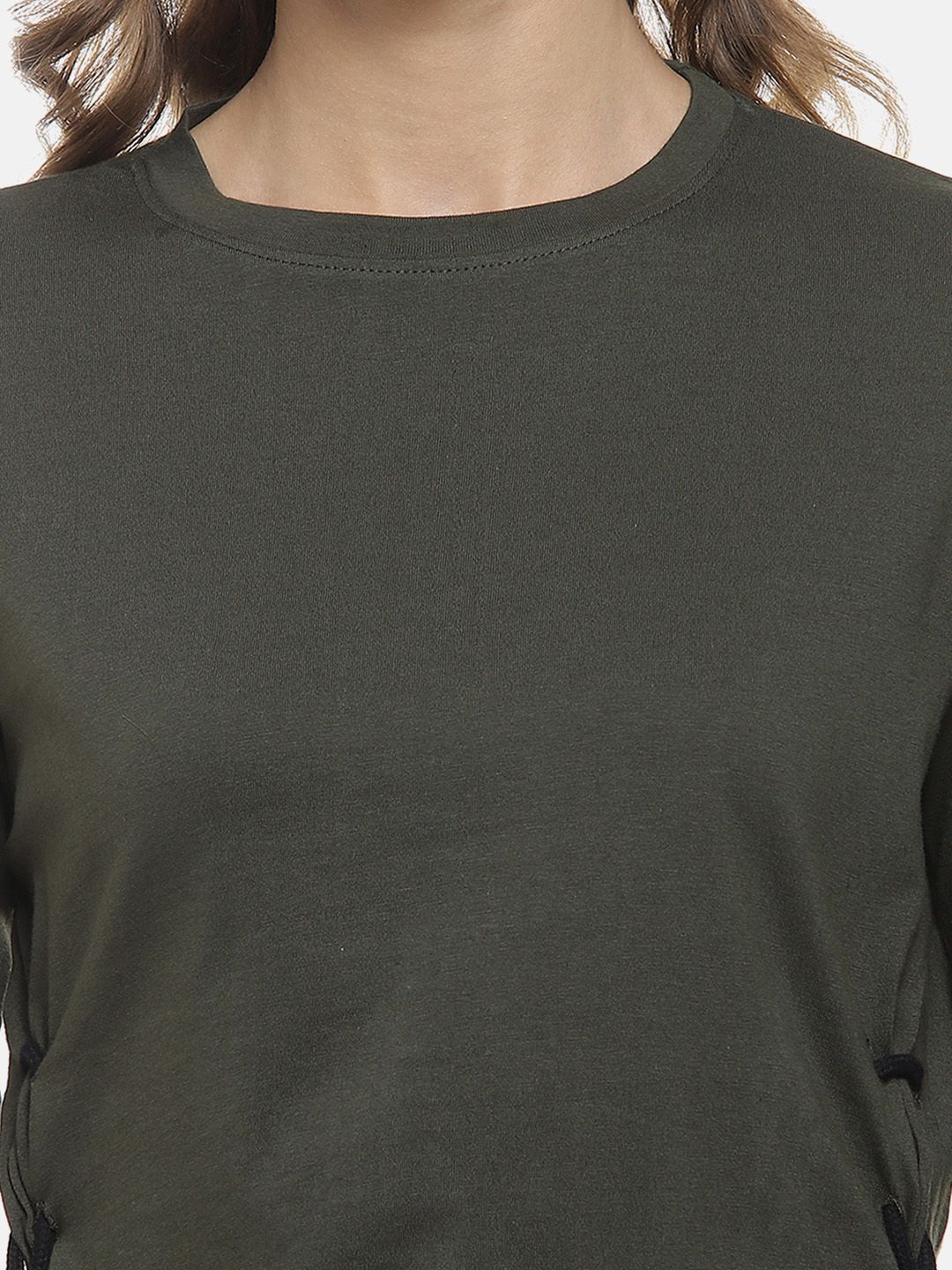 Campus Sutra Women Olive Green Solid Crop Pure Cotton Top