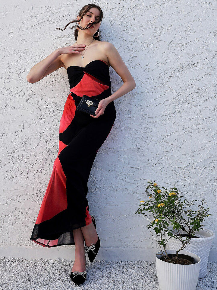Athena Black Abstract Printed Strapless Maxi Dress