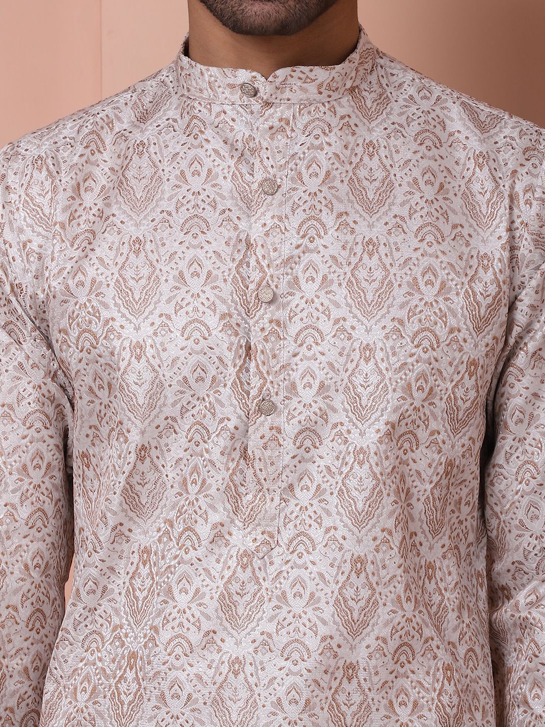 Anouk Brown Ethnic Motifs Woven Design Band Collar Straight Kurta With Pyjamas