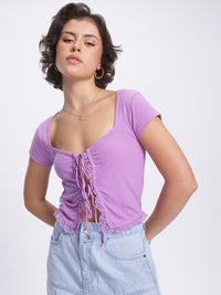 DressBerry Lace Luxe Ribbed Tie-Up Detail Top