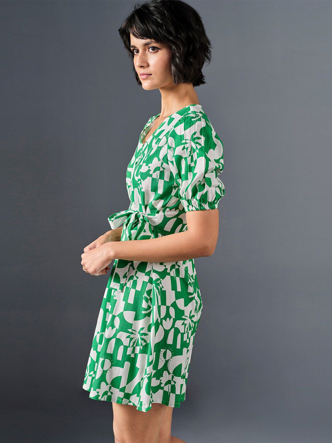 AND Tropical Print Puff Sleeves Dress