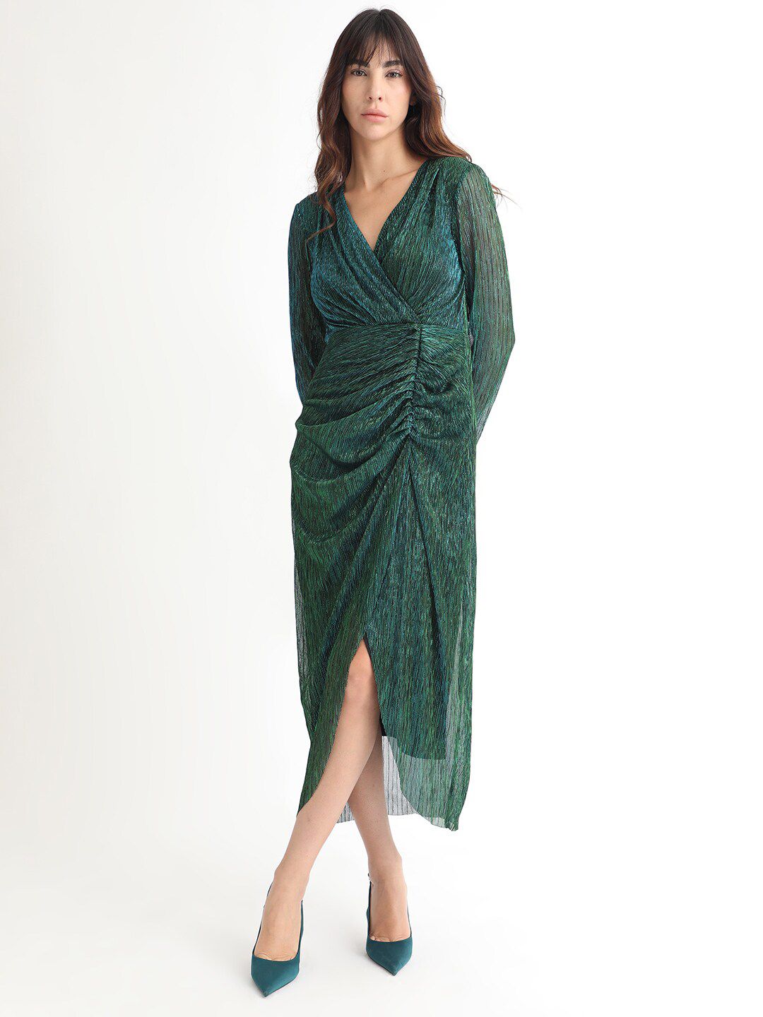 RAREISM V-Neck Long Sleeves Shimmer Wrap Midi Dress
