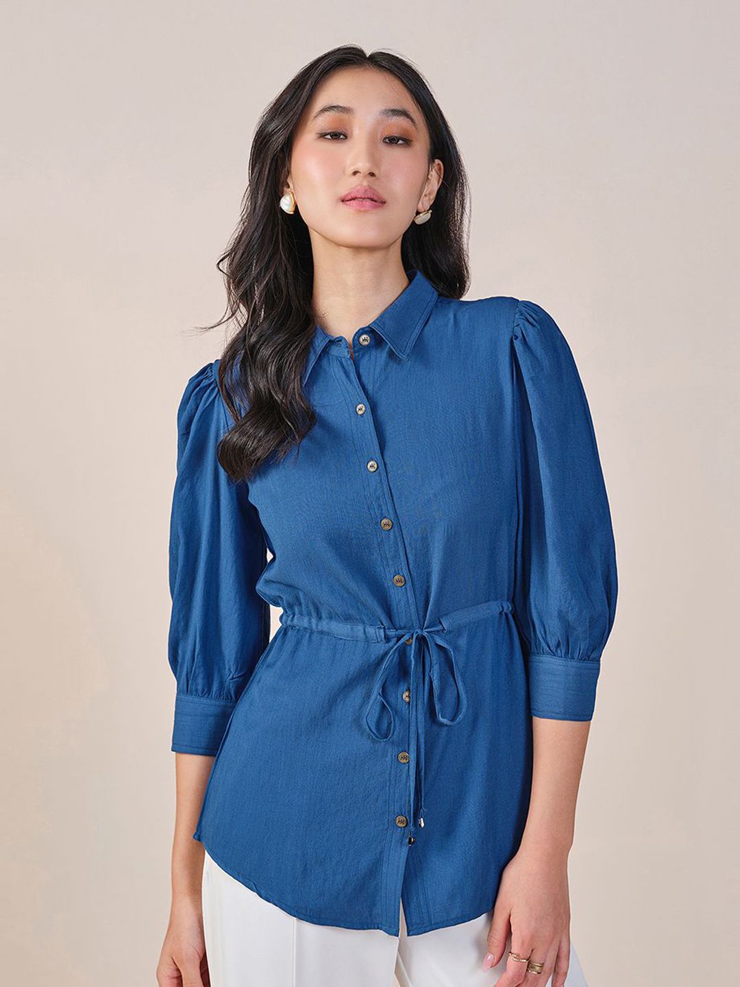 AND Shirt Style Waist Tie-Ups Solid Top