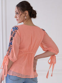 Antheaa Polka Dot Puff Sleeve V-Neck Chiffon Cinched Waist Top