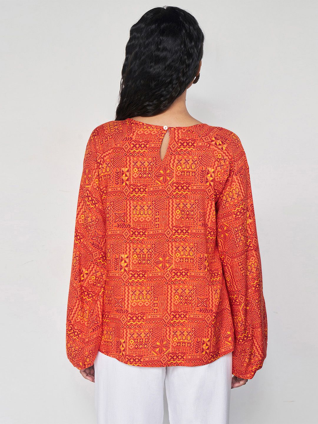Global Desi Abstract Printed Puff Sleeves Top
