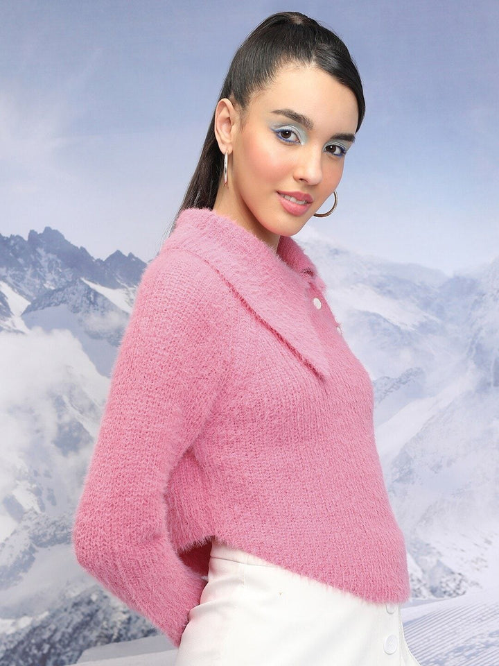 Tokyo Talkies Pink Abstract Self Design Asymmetric Collar Acrylic Pullover Crop Sweater