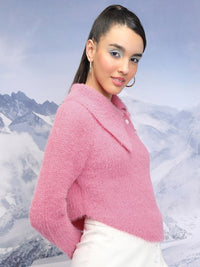 Tokyo Talkies Pink Abstract Self Design Asymmetric Collar Acrylic Pullover Crop Sweater