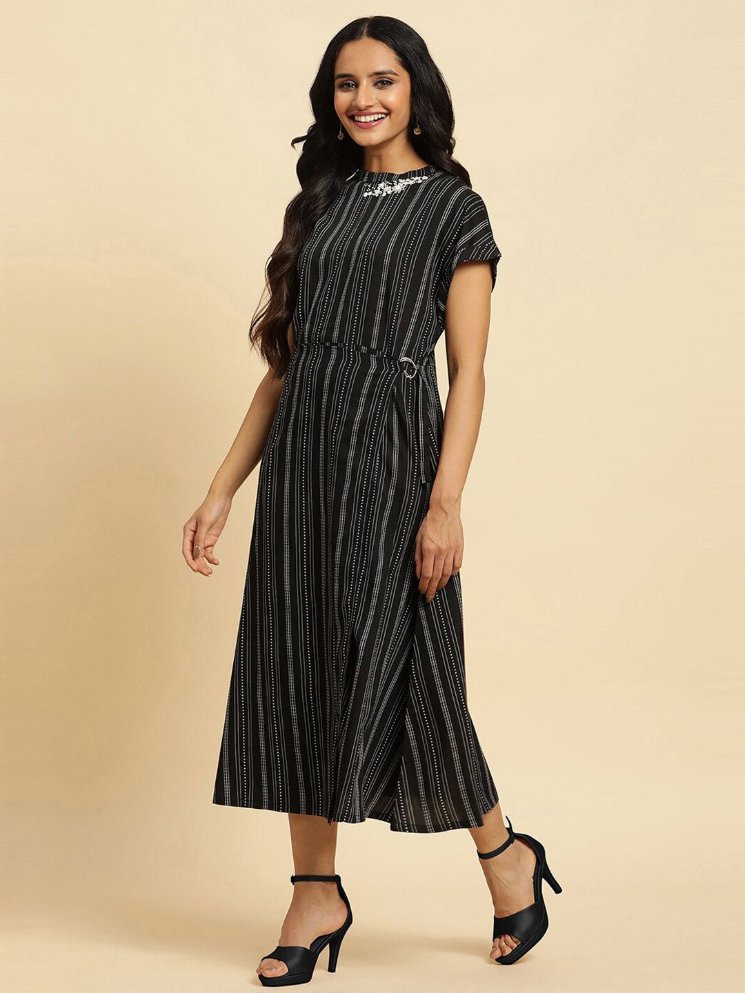 W Striped Cotton A-Line Midi Dress