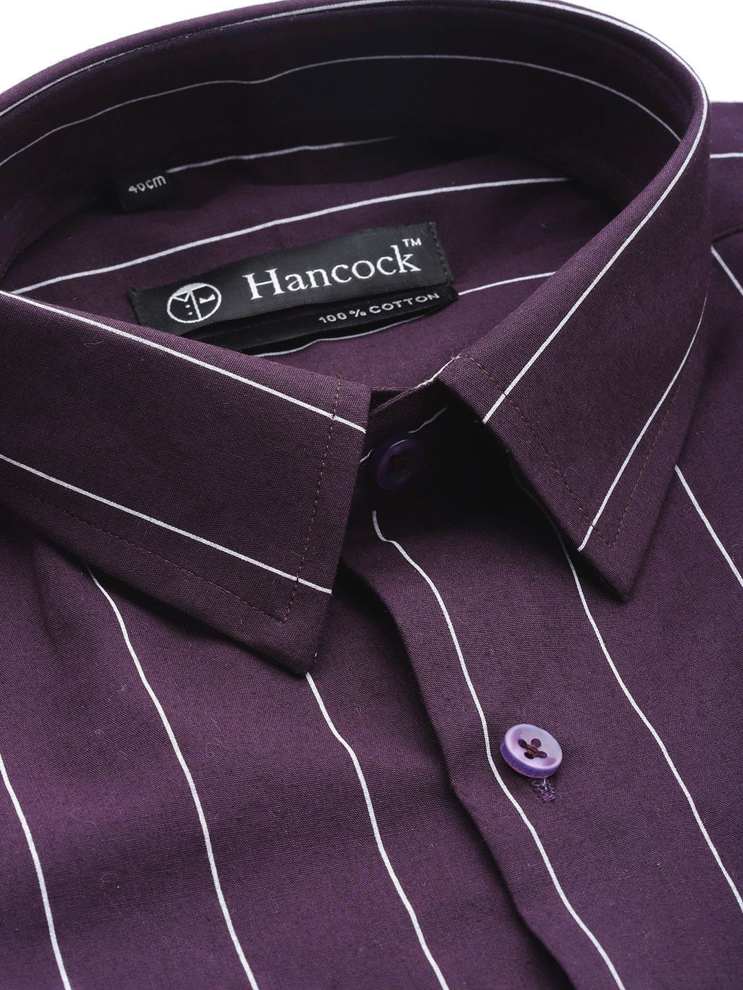 Hancock Men Purple Slim Fit Striped Pure Cotton Formal Shirt
