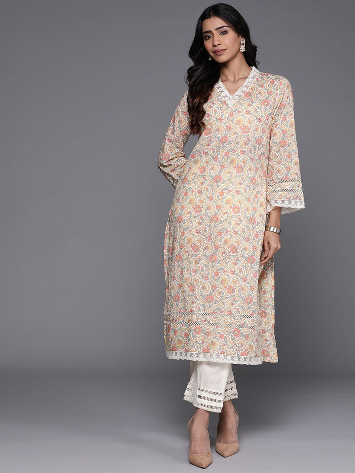 Varanga Off White Ethnic Floral Printed V Neck Flared Sleeves Lace Pure Cotton Kurta