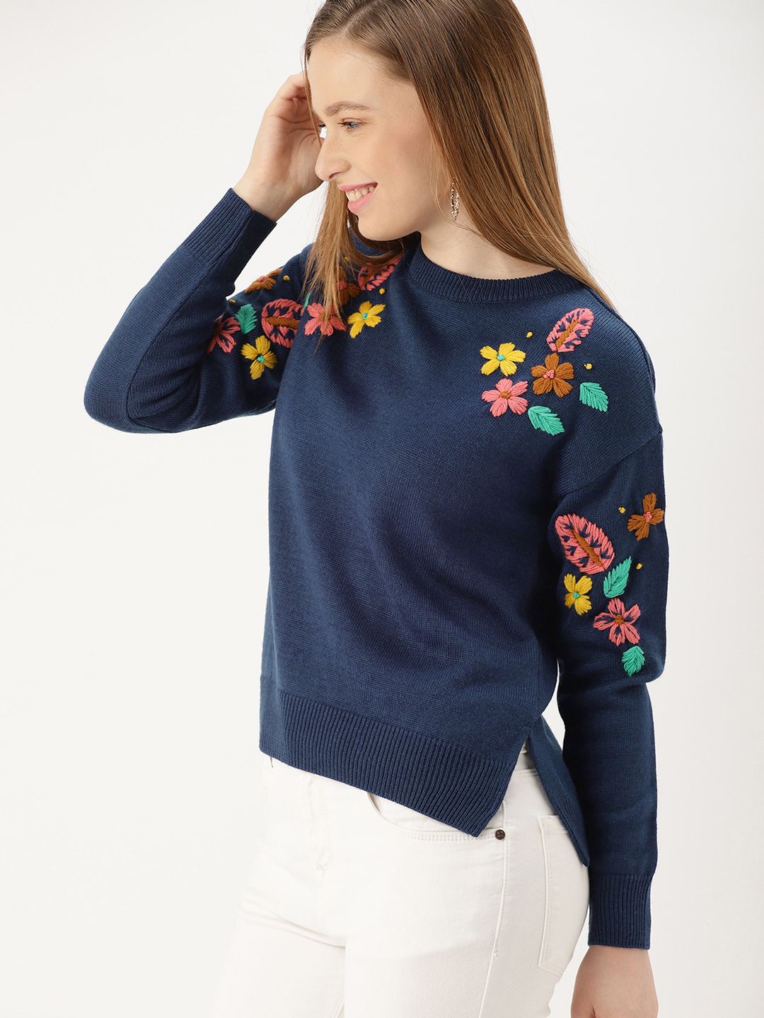 DressBerry Women Navy Blue Embroidered Pullover Sweater