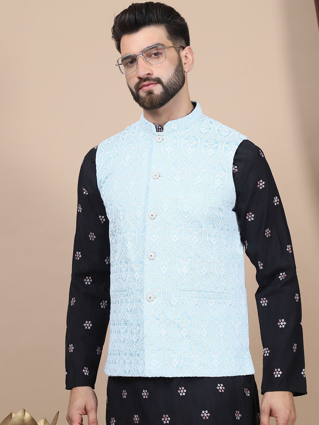 Anouk Black Floral Embroidered Straight Sequinned Kurta with Churidar