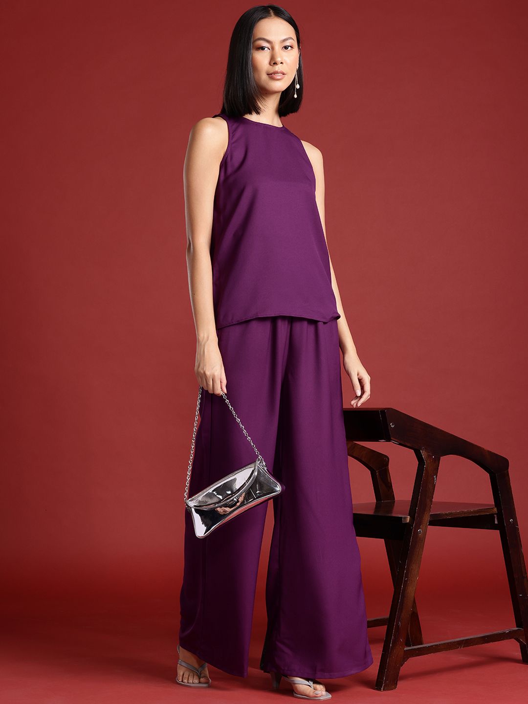 all about you Women Round Neck Flared Leg Co-Ords