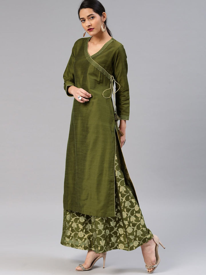 Vishudh Women Olive Green & Gold-Toned Solid Kurta with Palazzos