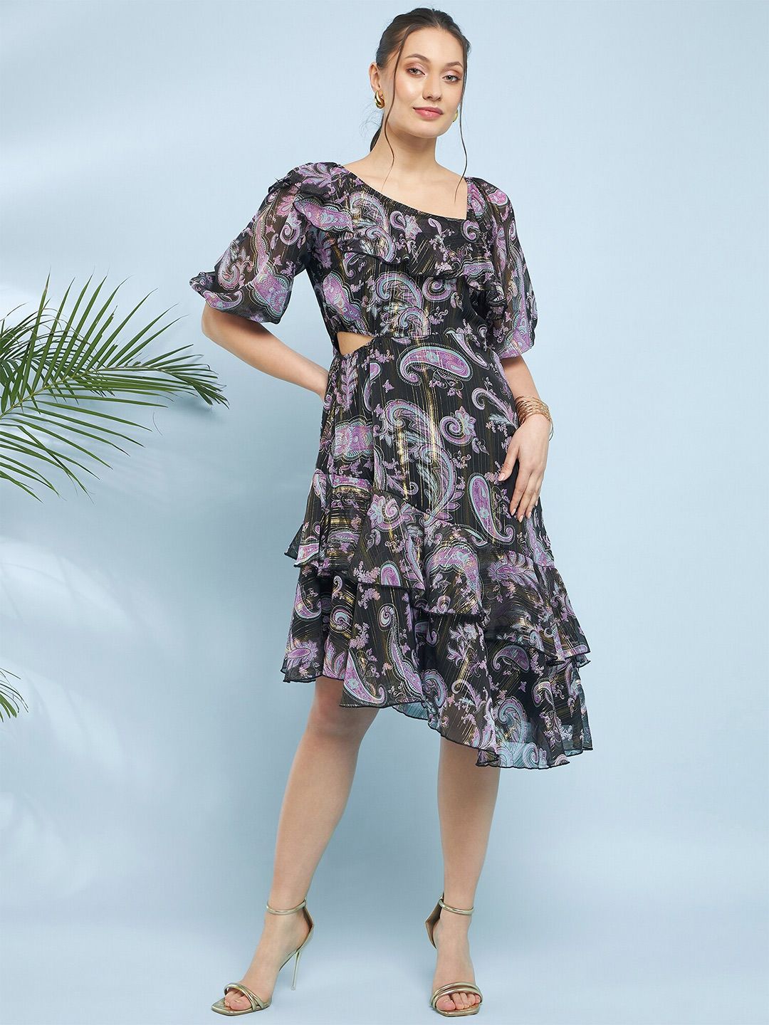 Antheaa Floral Printed Flared Sleeve Fit & Flare Dress