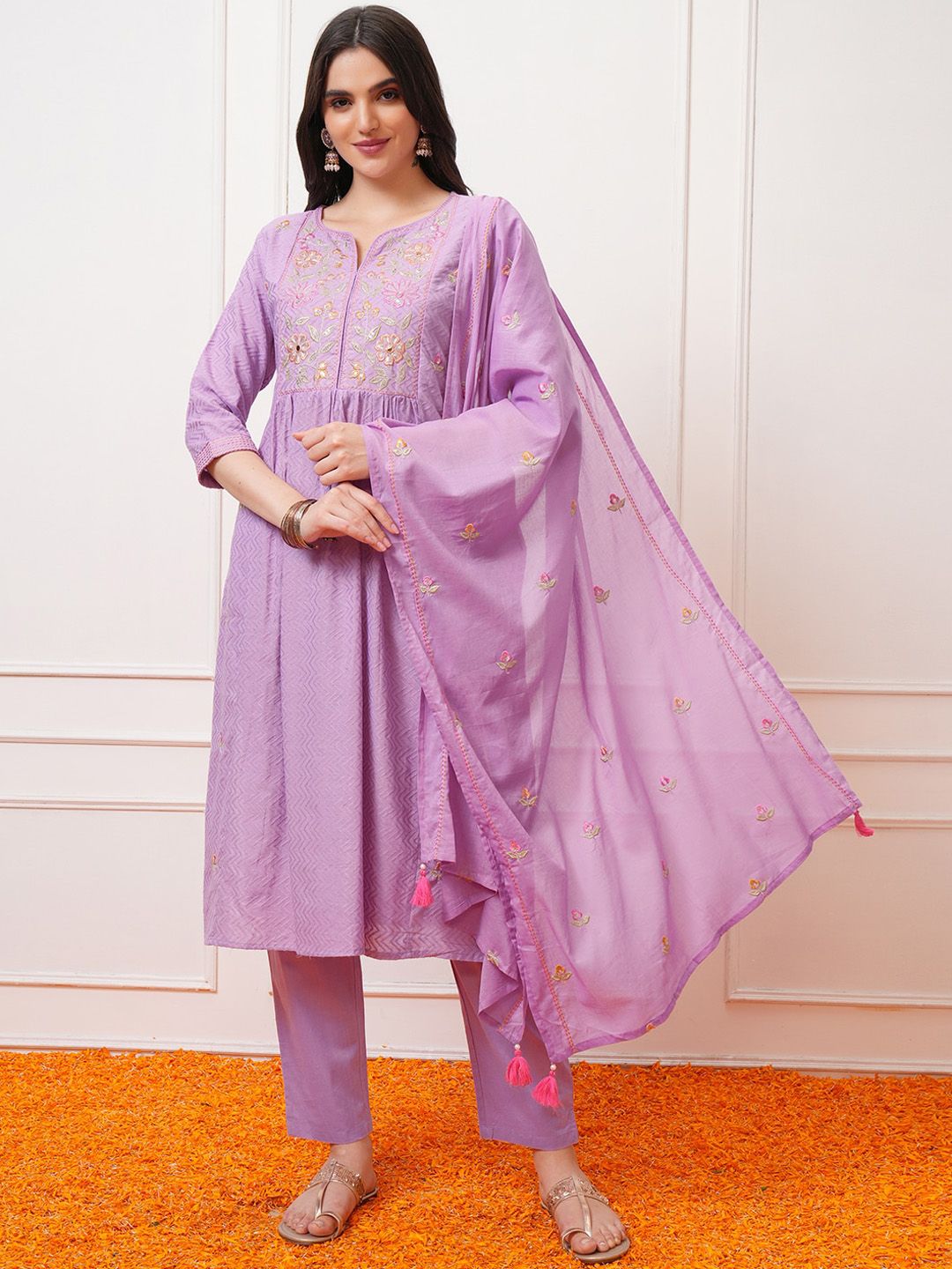 Vishudh Regular Thread Work Pure Cotton Kurta with Trouser & Dupatta