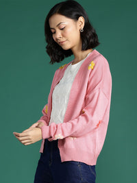 DressBerry Drop Shoulder Floral Embroidery Cardigan