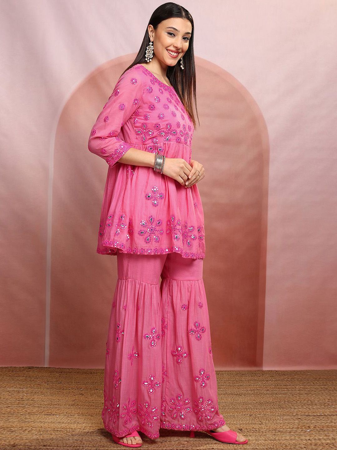 Vishudh Pink Embroidered Mirror Work Pure Cotton A-Line Kurta With Sharara & Dupatta