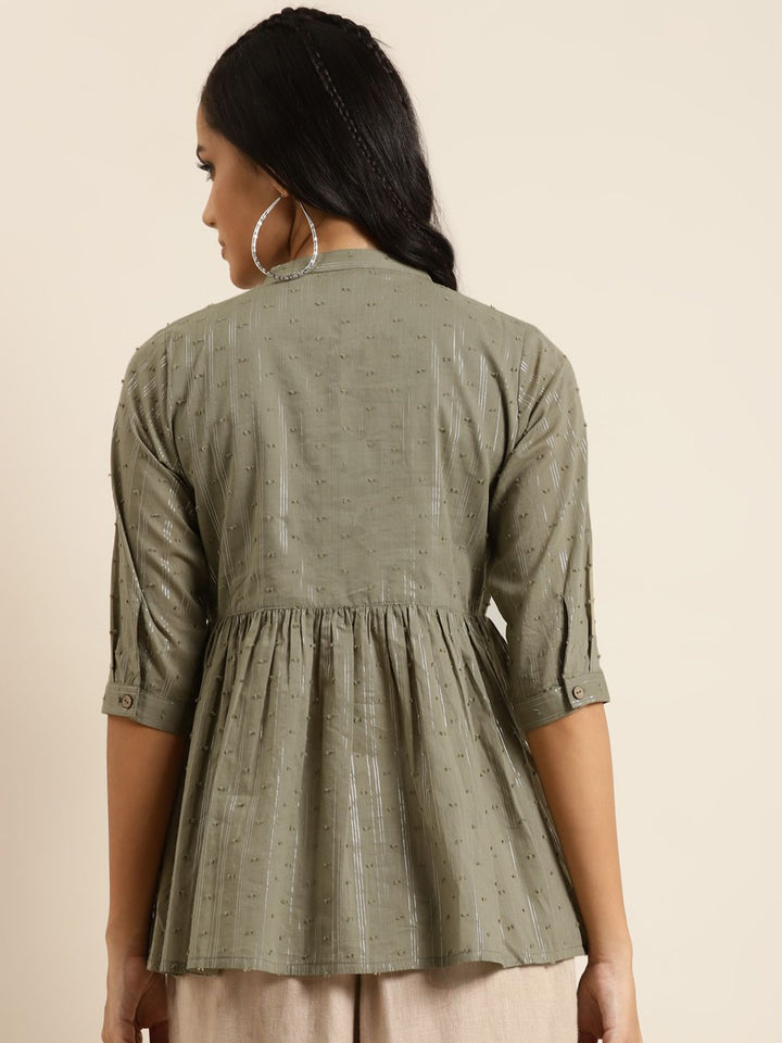 Shae by SASSAFRAS Women Olive Green Pure Cotton Dobby Woven Design A-Line Top