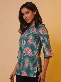 AURELIA Floral Printed Mandarin Collar Pure Cotton Kurti