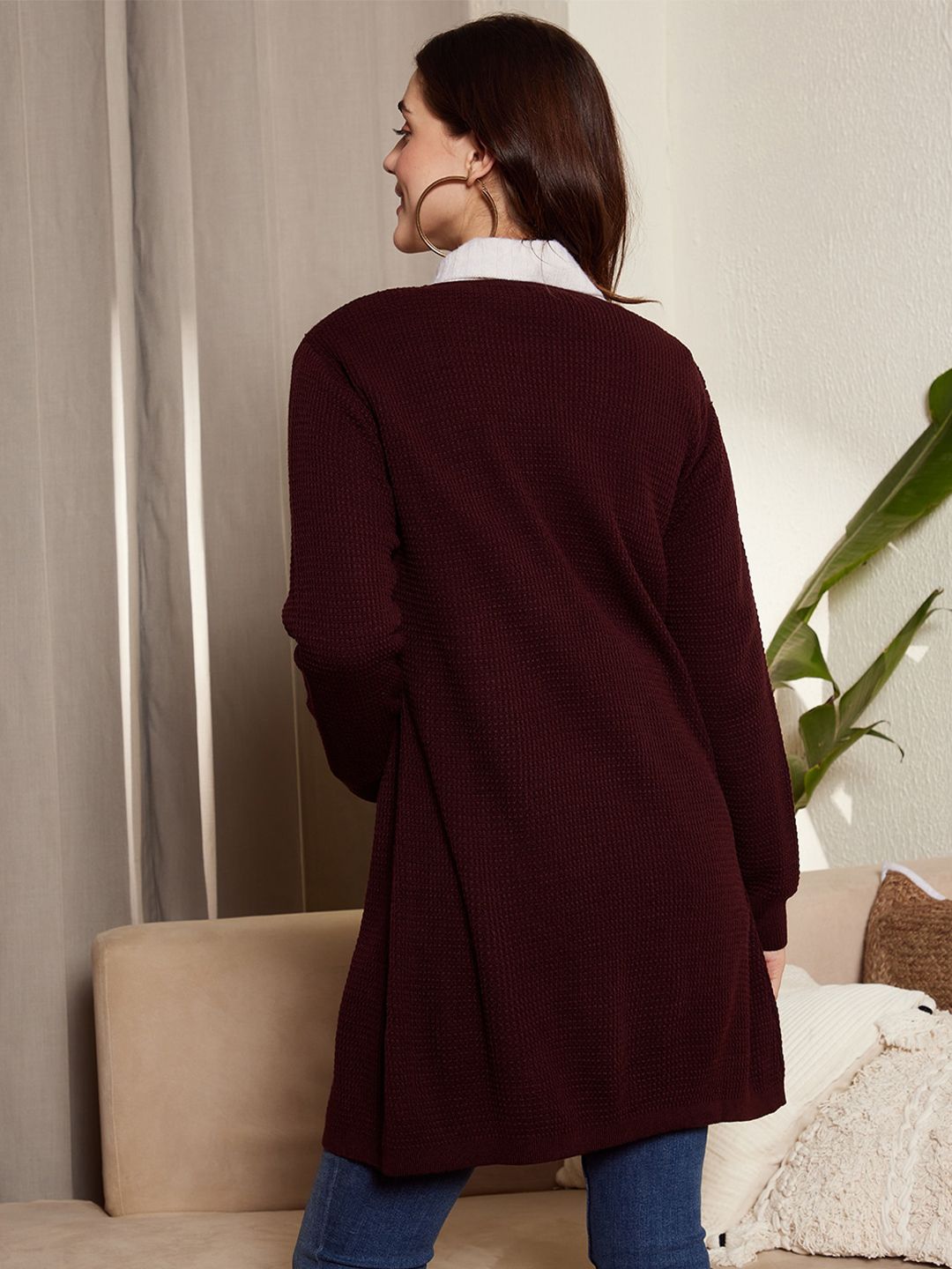 Berrylush Maroon Ribbed Longline Front Open Sweater