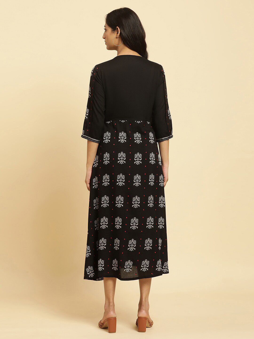 W Ethnic Motifs Printed Pleated Fit & Flare Midi Ethnic Dress