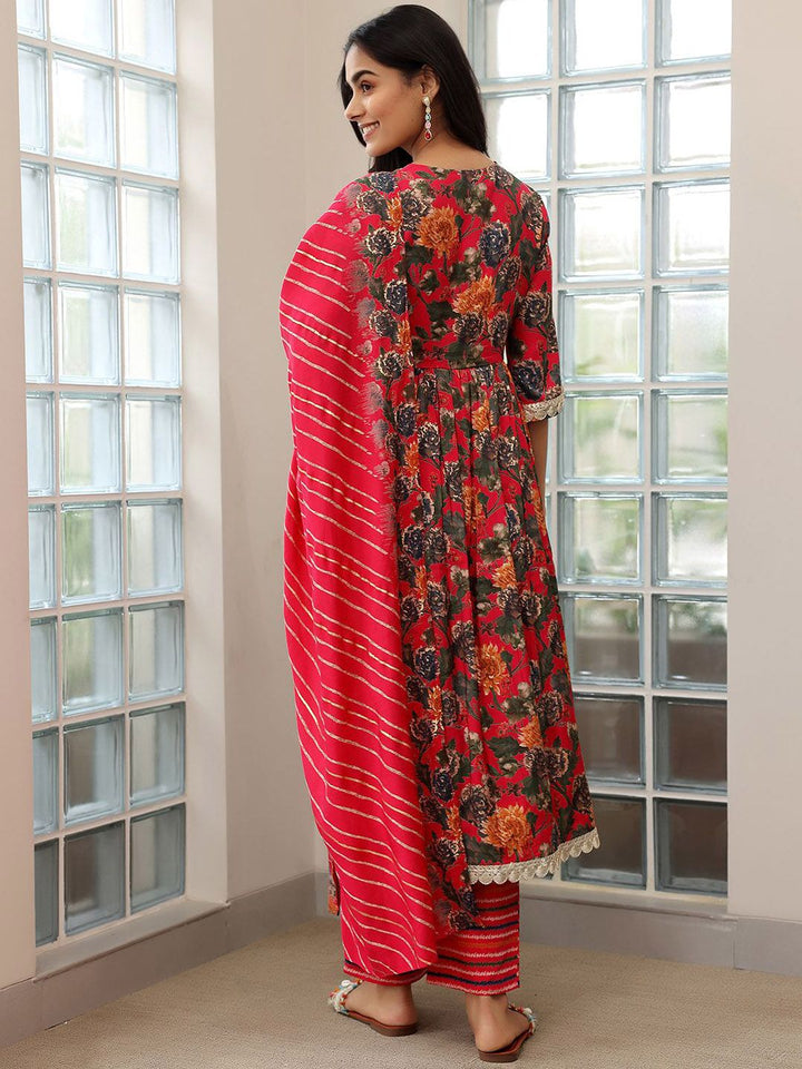 Libas Floral Printed Empire Sequinned A Line Kurta with Trousers & Dupatta