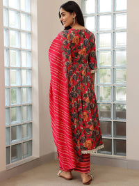 Libas Floral Printed Empire Sequinned A Line Kurta with Trousers & Dupatta