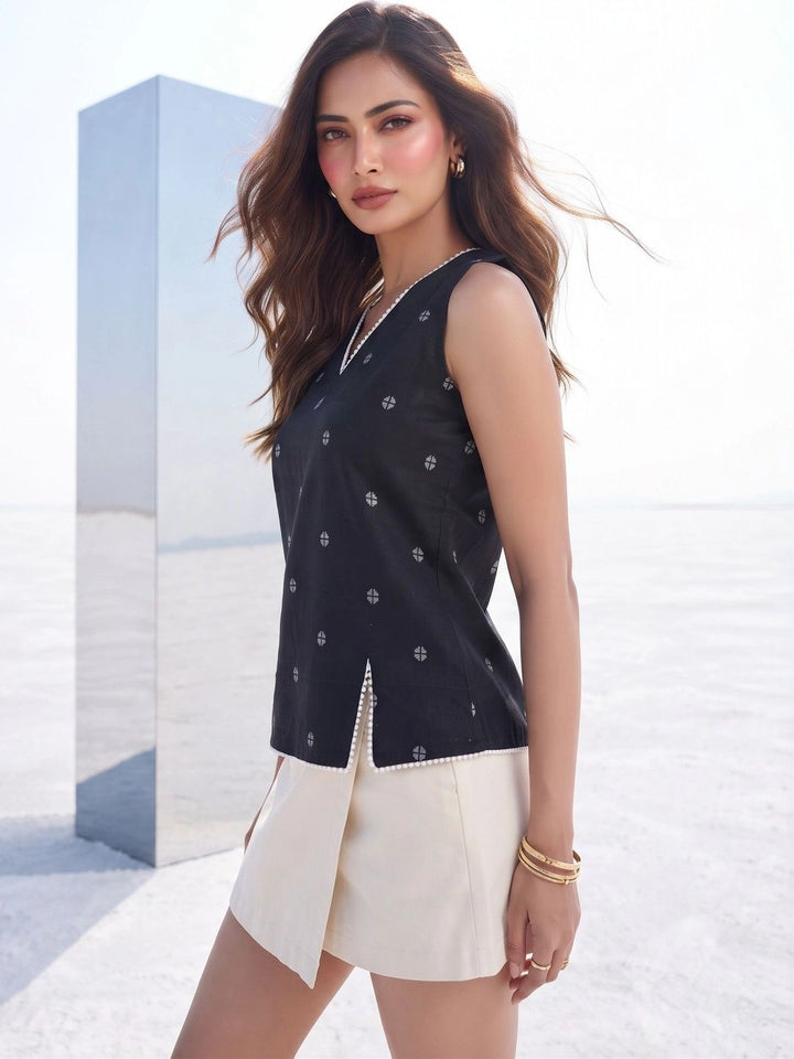 Mamicha Geometric Print Ruffles Cotton Top