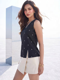 Mamicha Geometric Print Ruffles Cotton Top