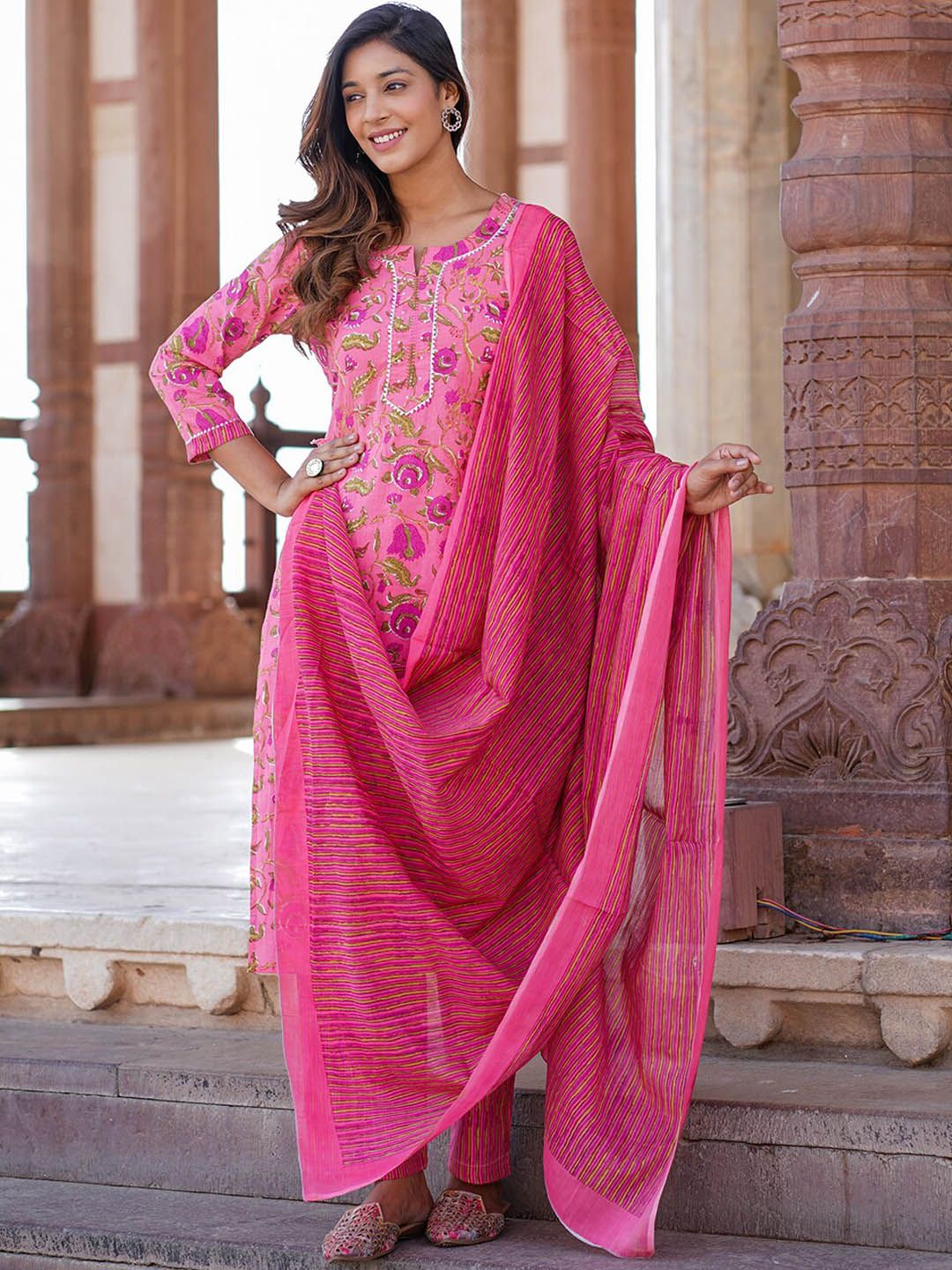 KALINI Floral Printed Pure Cotton Kurta with Trousers & With Dupatta