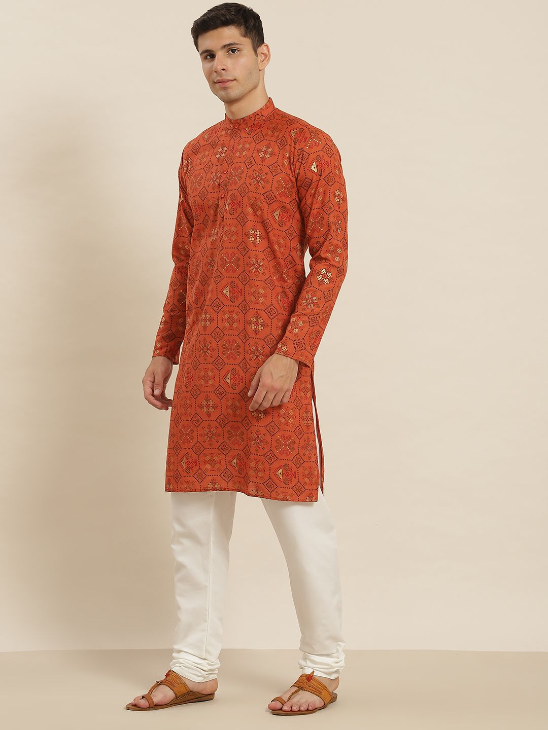 SOJANYA Men Orange Printed Kurta with Pyjamas & Nehru Jacket