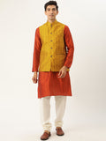 SOJANYA Kurta Motif Etnik Kuning Oren & Mustard Lelaki dengan Jaket Churidar & Nehru