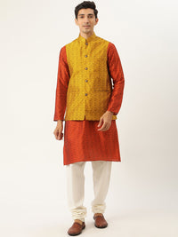 SOJANYA Kurta Motif Etnik Kuning Oren & Mustard Lelaki dengan Jaket Churidar & Nehru