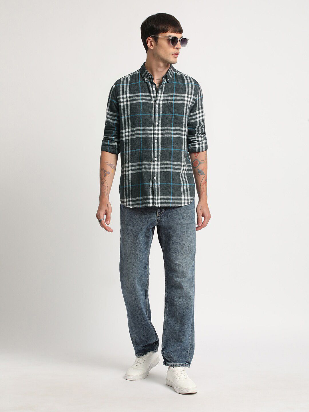 THE BEAR HOUSE Slim Fit Tartan Checked Button Down Collar Twill Casual Shirt