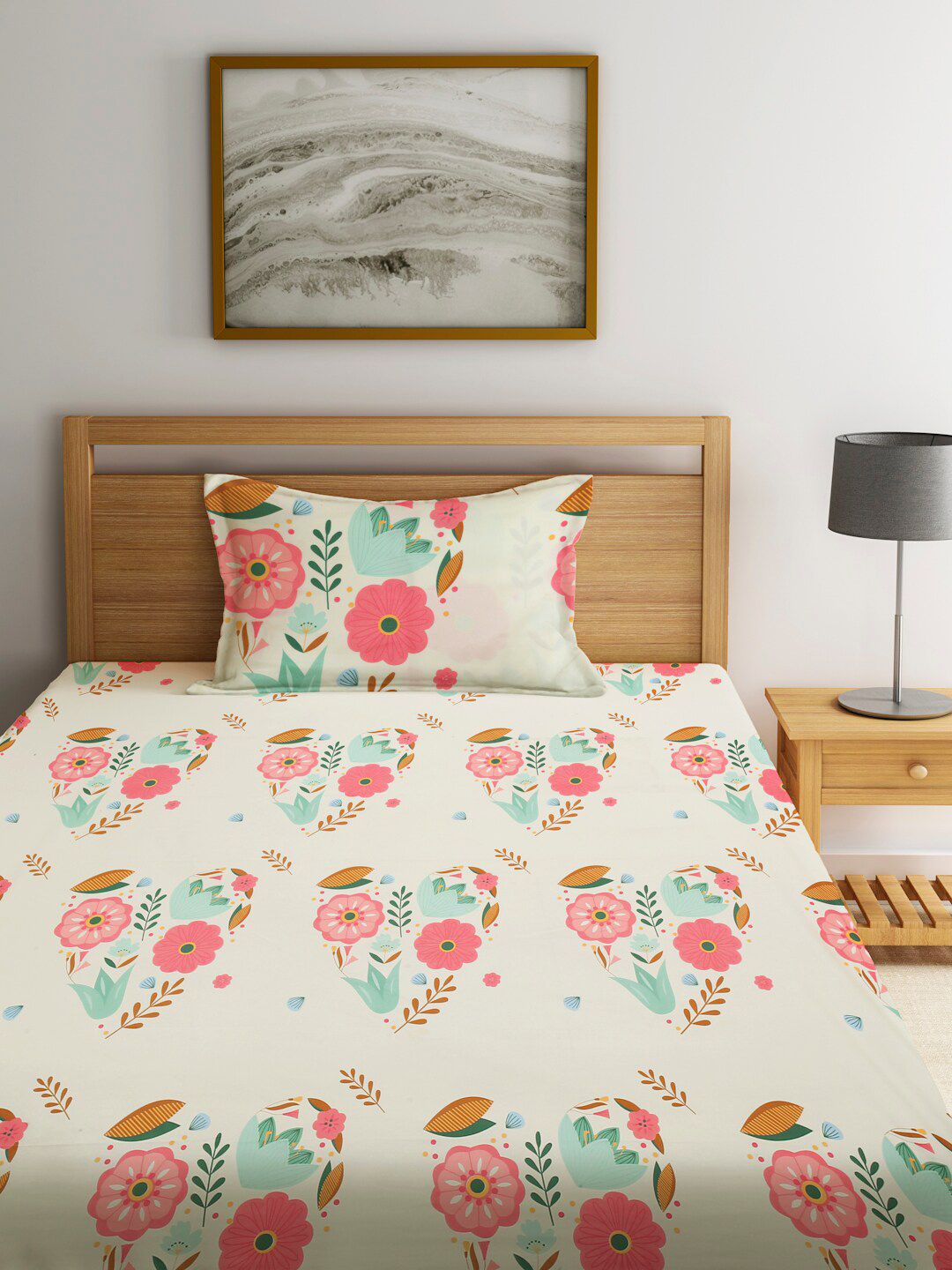 KLOTTHE White Floral Polycotton 210 TC Cadar Katil Single dengan Sarung Bantal-87 x 59 inci