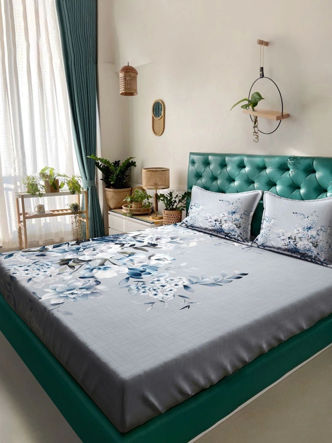 Moda Rapido X KLOTTHE Grey & Blue Floral 400 TC Bedsheet with 2 Pillow Covers