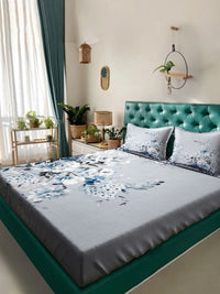Moda Rapido X KLOTTHE Grey & Blue Floral 400 TC Bedsheet with 2 Pillow Covers