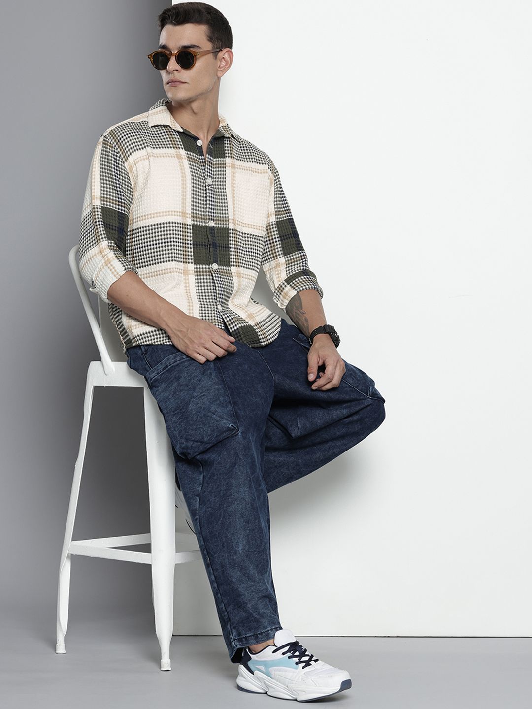The Indian Garage Co Pure Cotton Checks Waffles Textured Opaque Relaxed Fit Casual Shirt