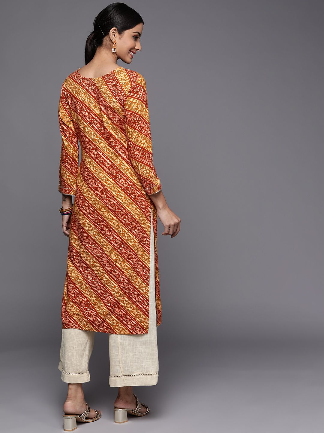 Varanga Women Mustard Yellow & Rust Bandhani Embroidered Gotta Patti Indie Prints Kurta