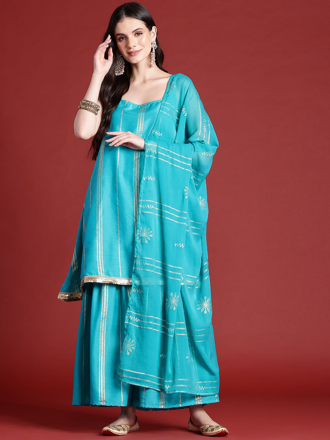 Anouk Ethnic Motifs Print Gotta Patti Kurta with Sharara & Dupatta