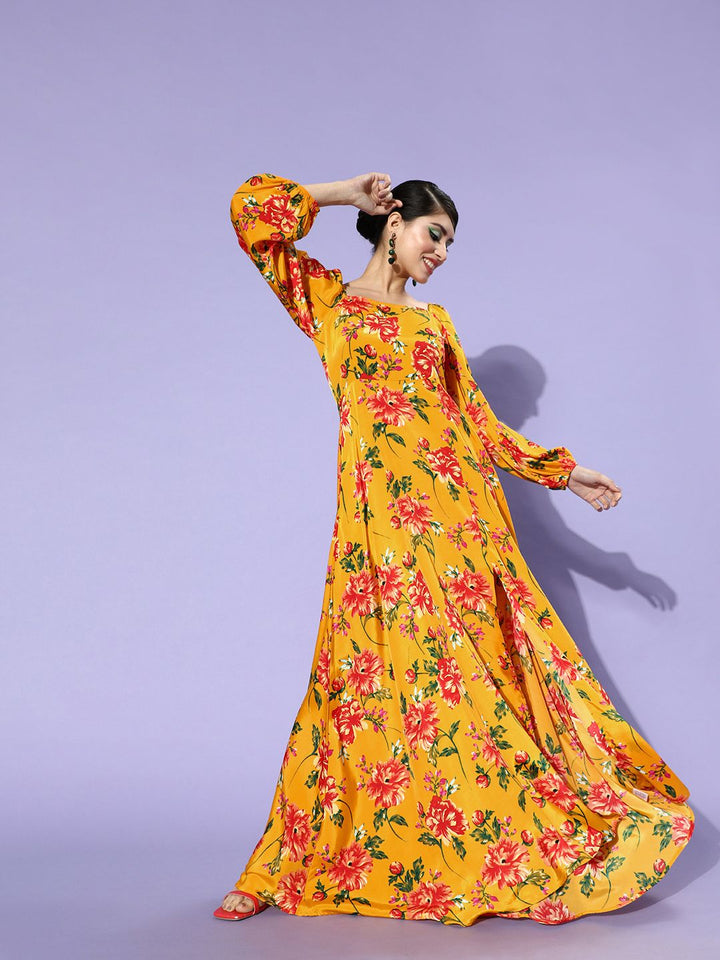 Berrylush Women Yellow Floral Puff Sleeves Dress