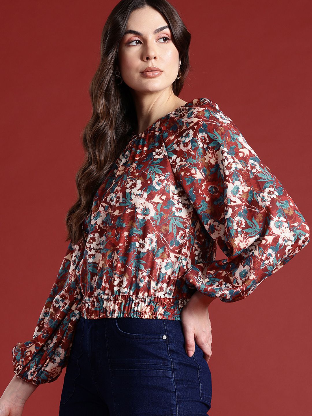 all about you Floral Print Cinched Waist Raglan Puffed Sleeves Top