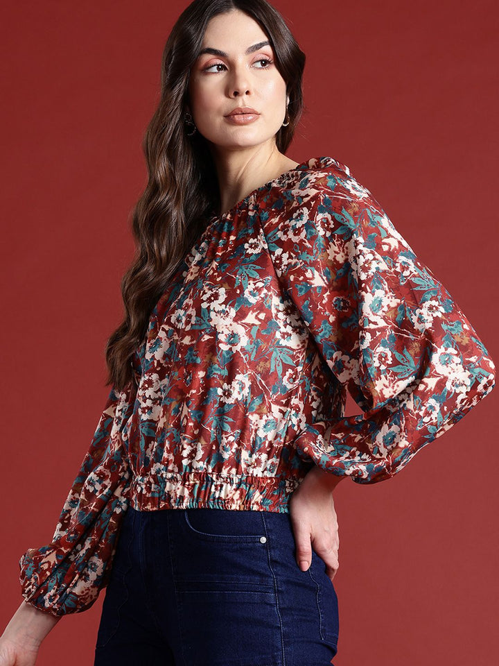 all about you Floral Print Cinched Waist Raglan Puffed Sleeves Top